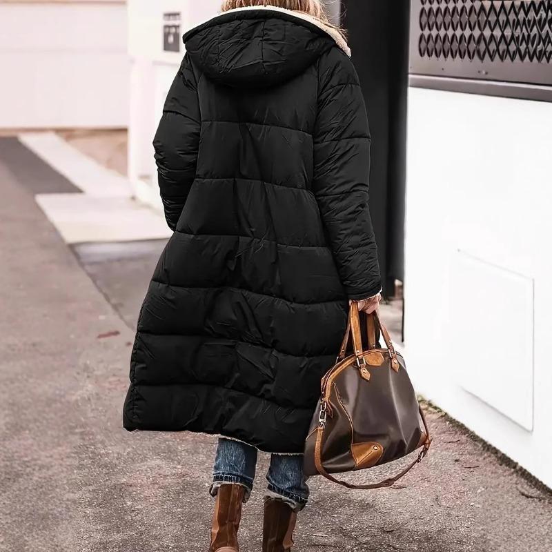 Women's medium and long coat, thickened and warm, loose hooded, women wearing cotton-padded clothes on both sides