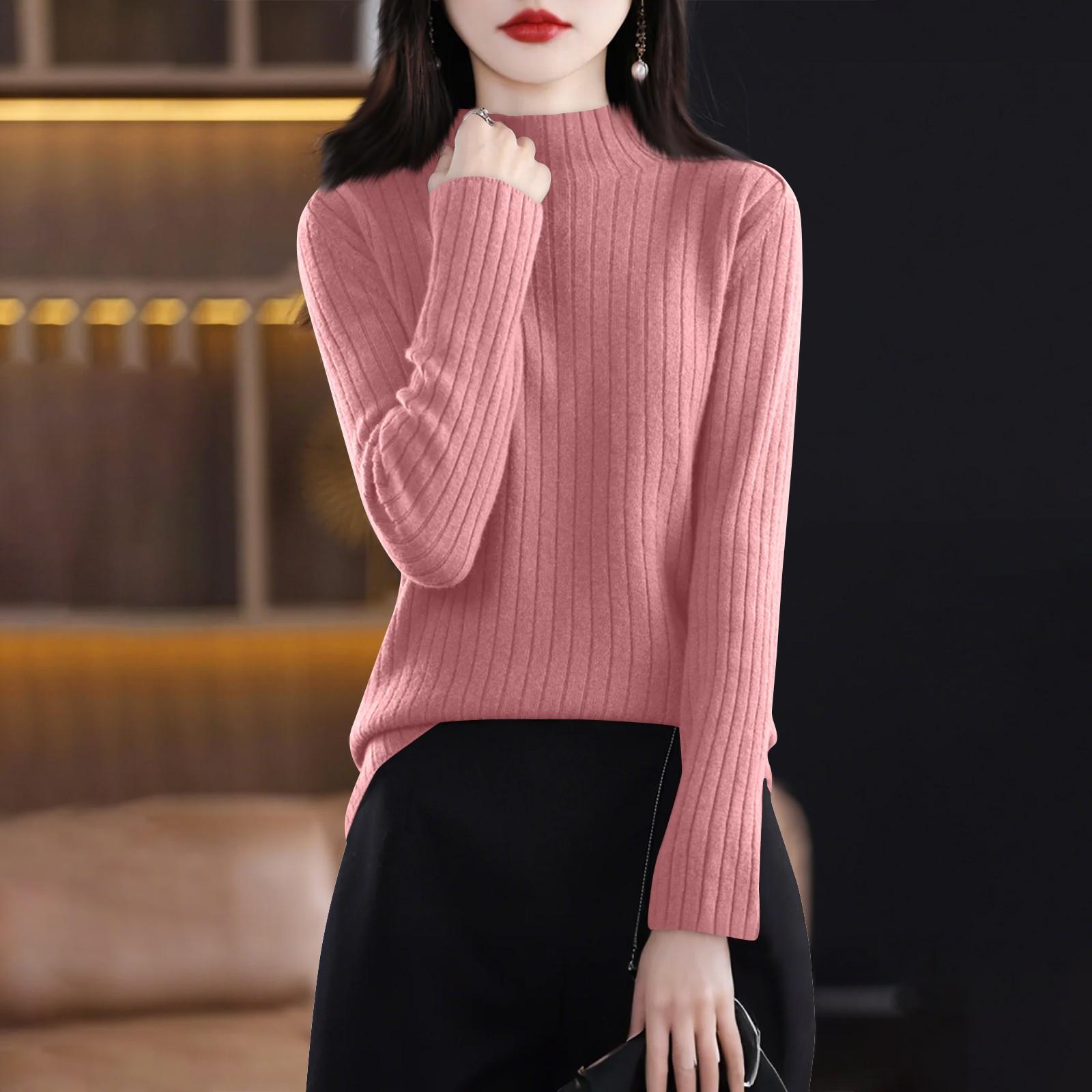 

Женская мода с длинным рукавом однотонный пуловер водолазка базовый свитер топ XL розовый