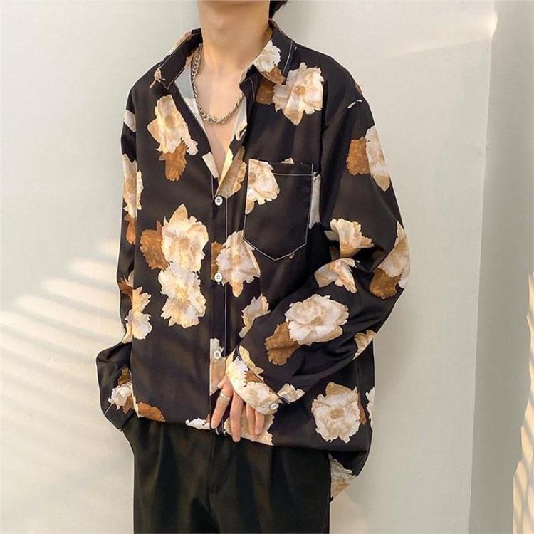 Retro Hong Kong Style Men's Floral Shirt Casual All-Match Jacket Japanese Korean Style Trendy Spring Autumn Fashion