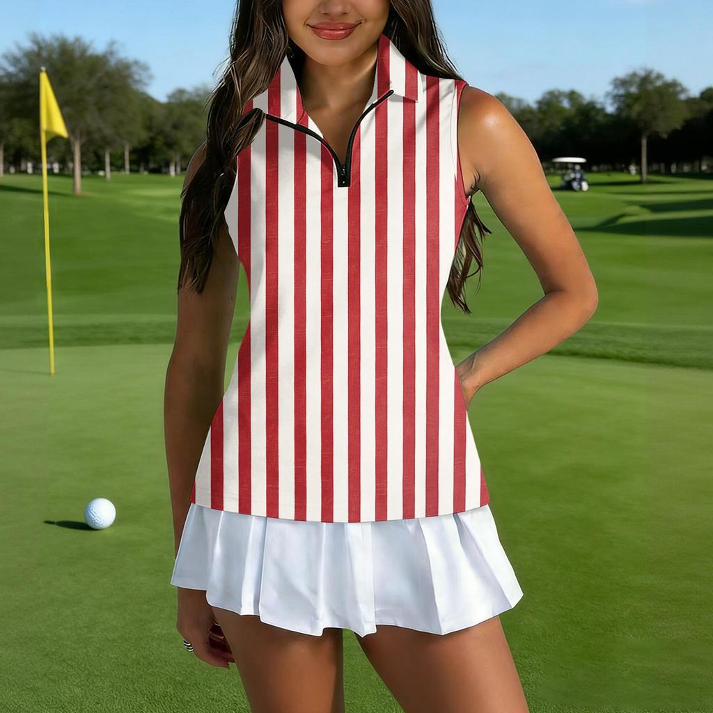 Women Sleeveless Golf Polo Shirt Zip Collar Striped Print Athletic Tank Top for Outdoor Sports Casual Wear
