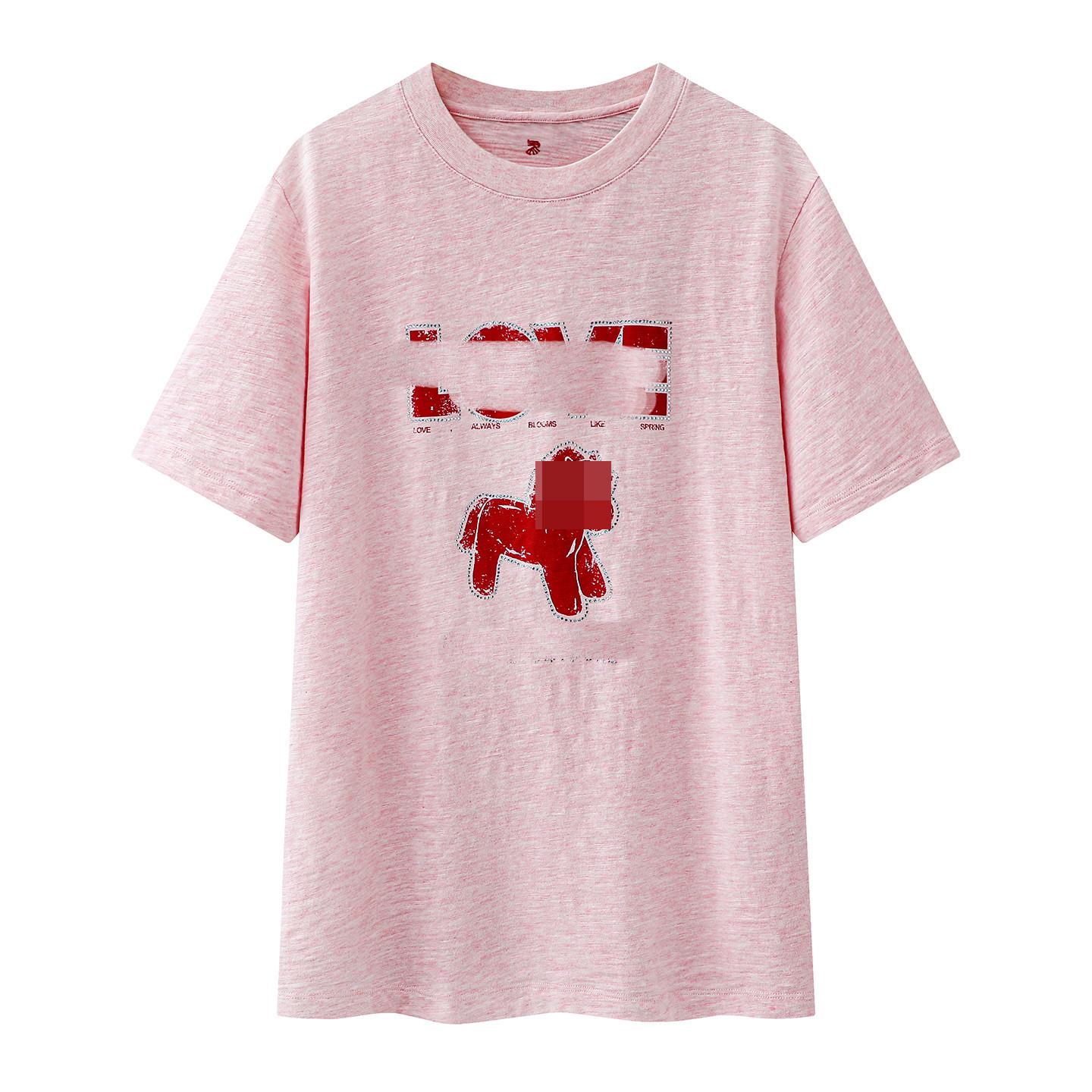 

2026 Spring Women s Versatile Letter Print Rhinestone Casual Round Neck Short Sleeve T-shirt Small розовый