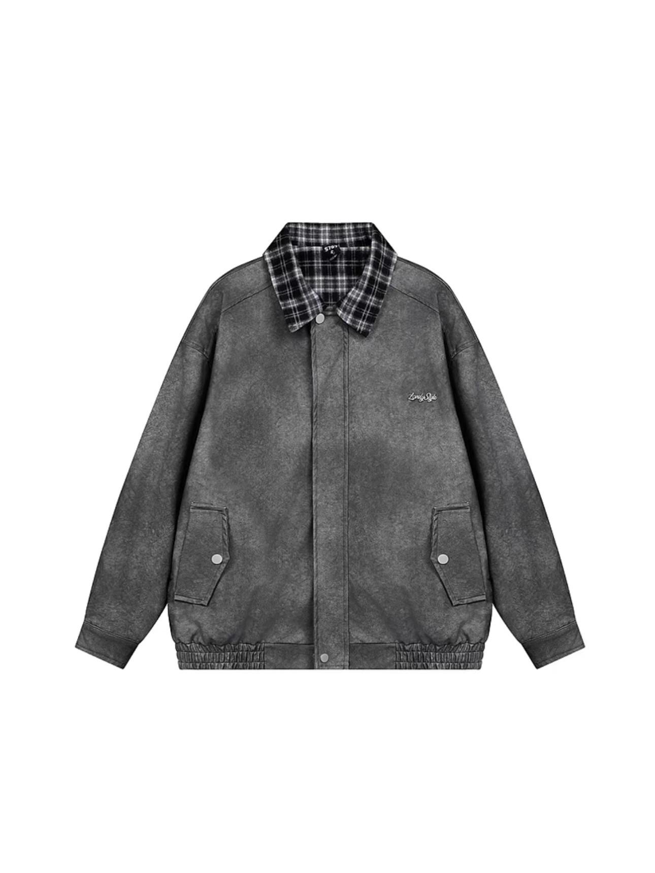 

Unisex American Retro Plaid Patchwork Leather Jacket - Trendy Streetwear Coat XXL сірий колір