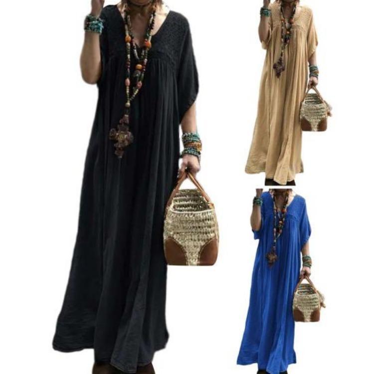 Summer Vintage Lace Crochet Maxi Dress Women Patchwork V Neck Horn Sleeves Loose Straight Pleated Soft Breathable Casual Daily Dress Solid Color
