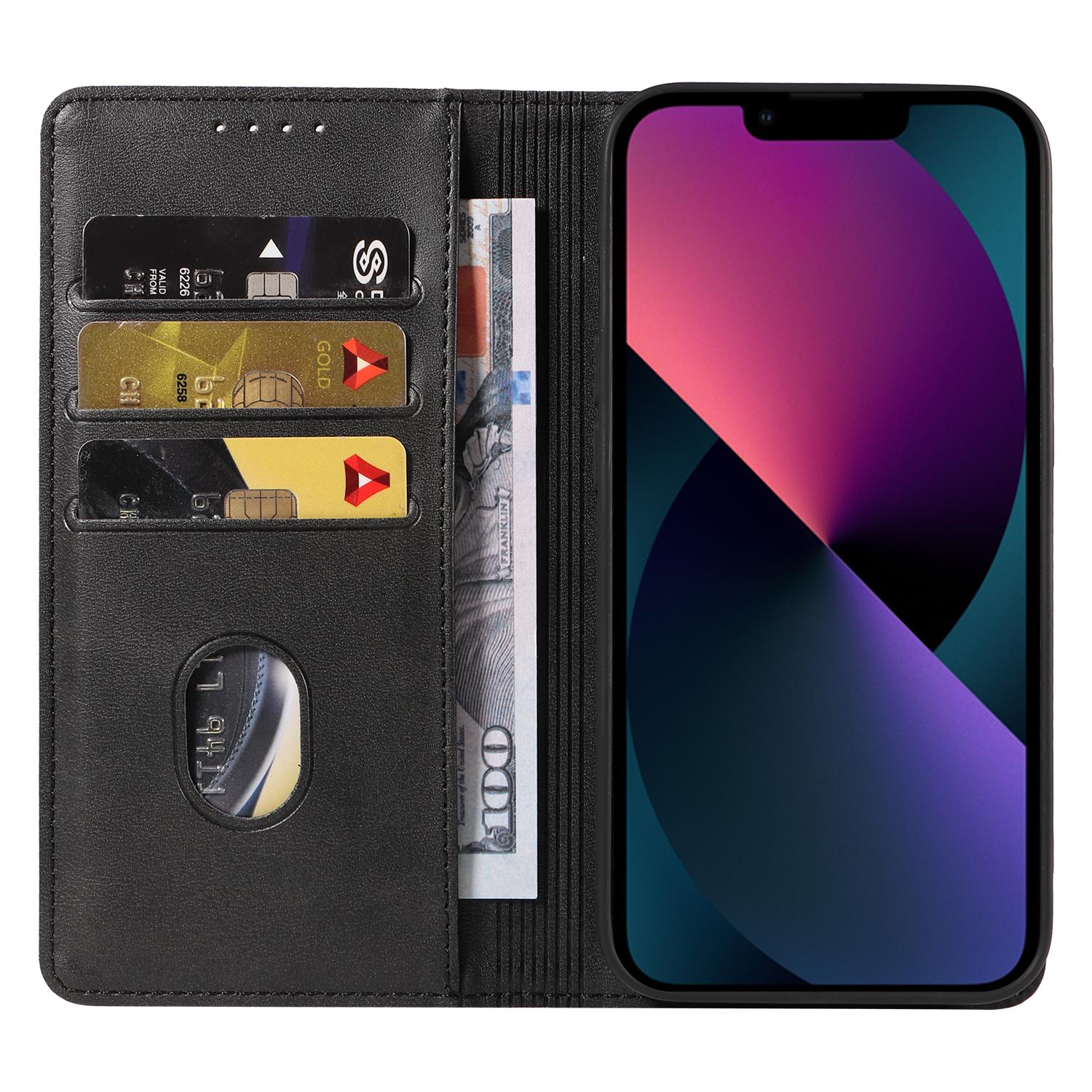

For iPhone 13 6.1 inch Wallet Case WANLONFENG NW1 Series Magnetic Closure Calf Texture Leather Phone Cover Black