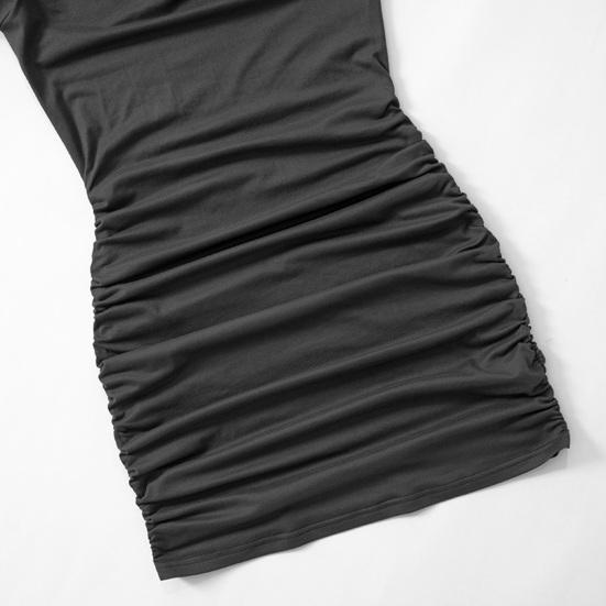 Damen-Clubkleid, elastisch, dünn, schmal geschnitten, schulterfrei, plissiert, einfarbig, langärmelig, Etuikleid, Party, über dem Knie, Länge, Minikleid