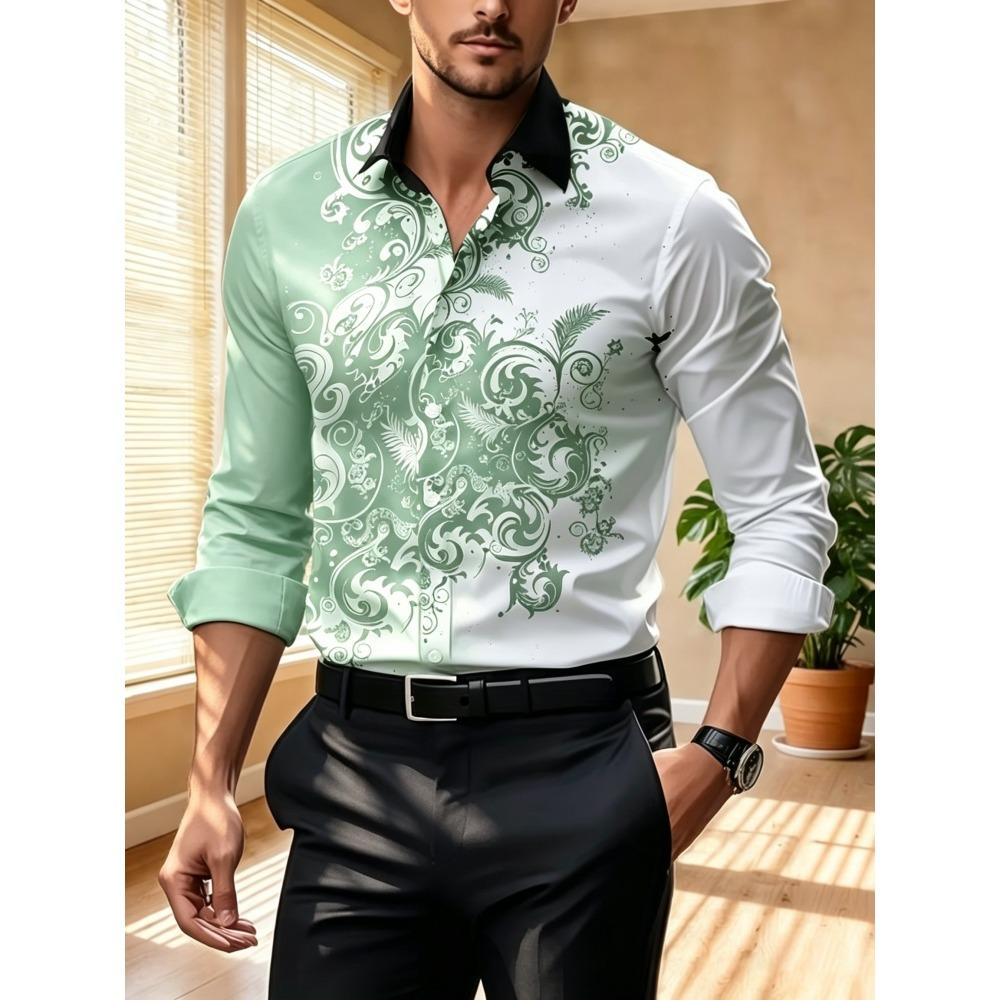 Men's Contrasting Baroque Printed Long Sleeved Shirt, Slim Fit Collar Shirt, European and American Party Trend Men's Top