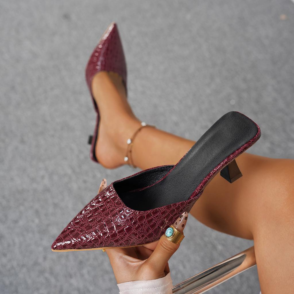 Fashion Crocodile Patterned Pu Sandals Mules Women 2025 Summer Elegant Pointed Toe High Heel Slides Sexy Close Toe Slippers