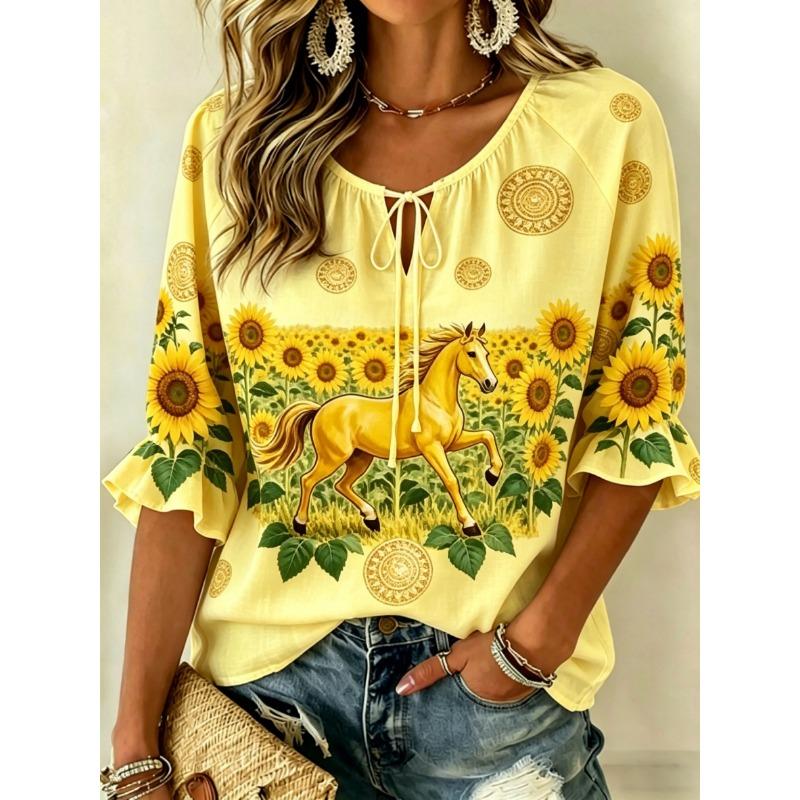 Women's Boho Geometric Tribal Print Tie Front Blouse, Casual Loose Top for Spring Summer Daily Wear