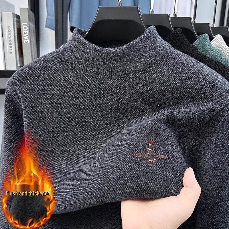 Men's Fleece-Lined Half-High Neck Knitted Sweater - Warm Embroidered Autumn/Winter Base Layer