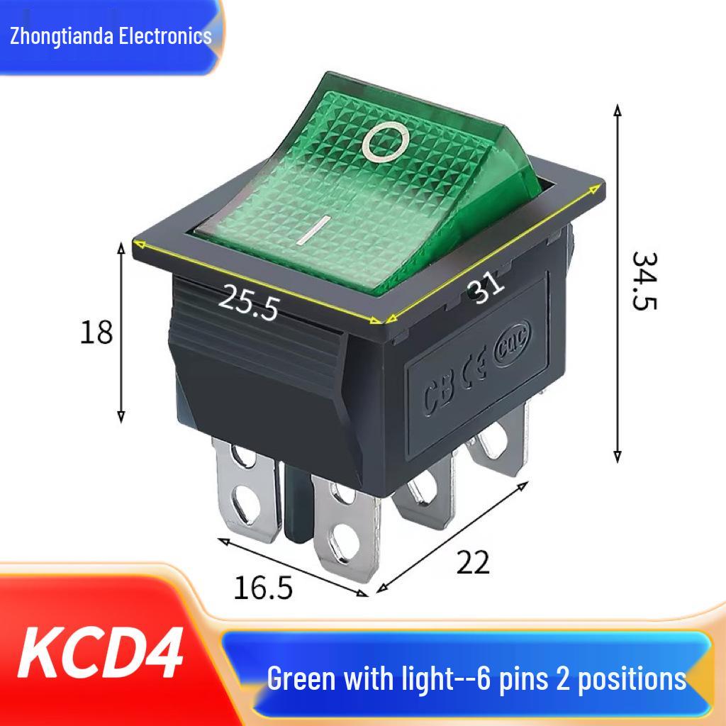 KCD4 Rocker Switch, Double Pole, 16A, 4/6 Pin with Light