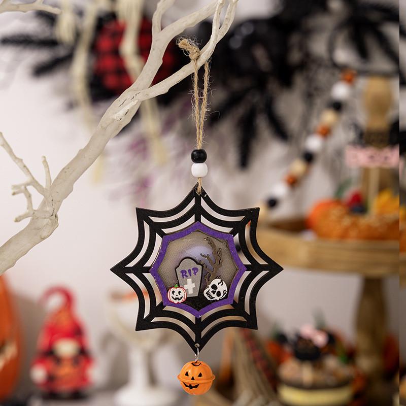 

3pcs Wooden Charming Hanging Decorations For Halloween Featuring Lighted Pumpkins Bats And Spiders Spider Lantern