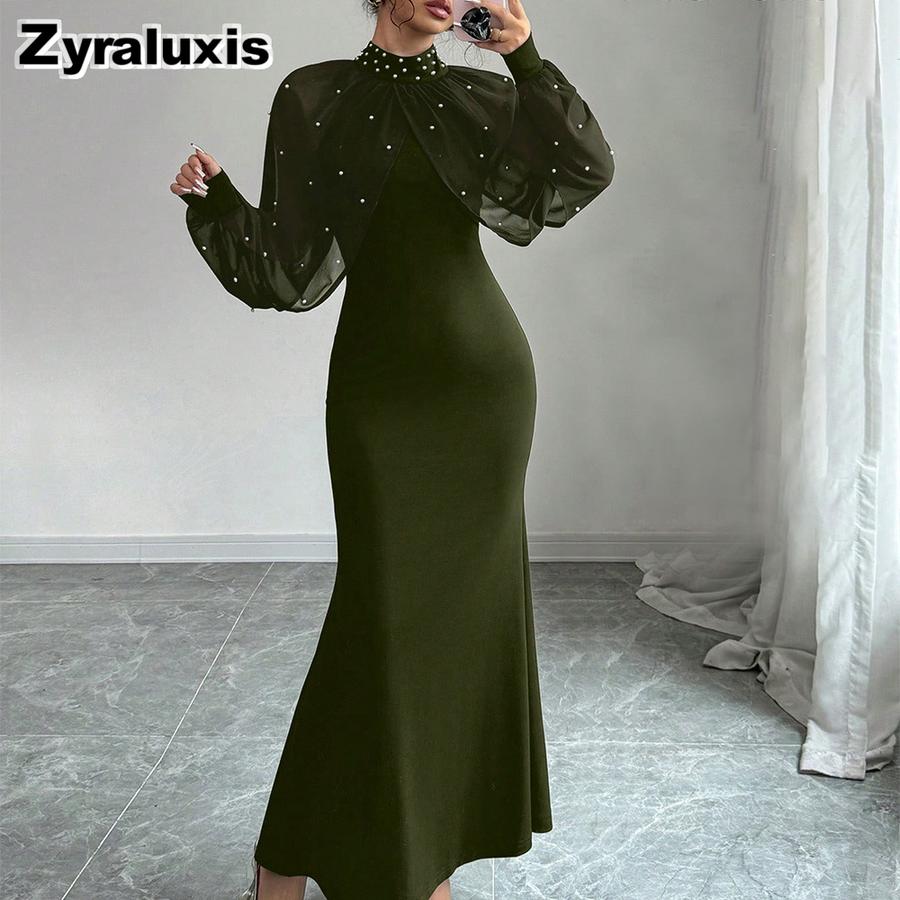 Women's Elegant Stand Collar Mesh Lace Crushed Diamond Long Sleeve Ruched Waist Tailored Evening Gown Dress