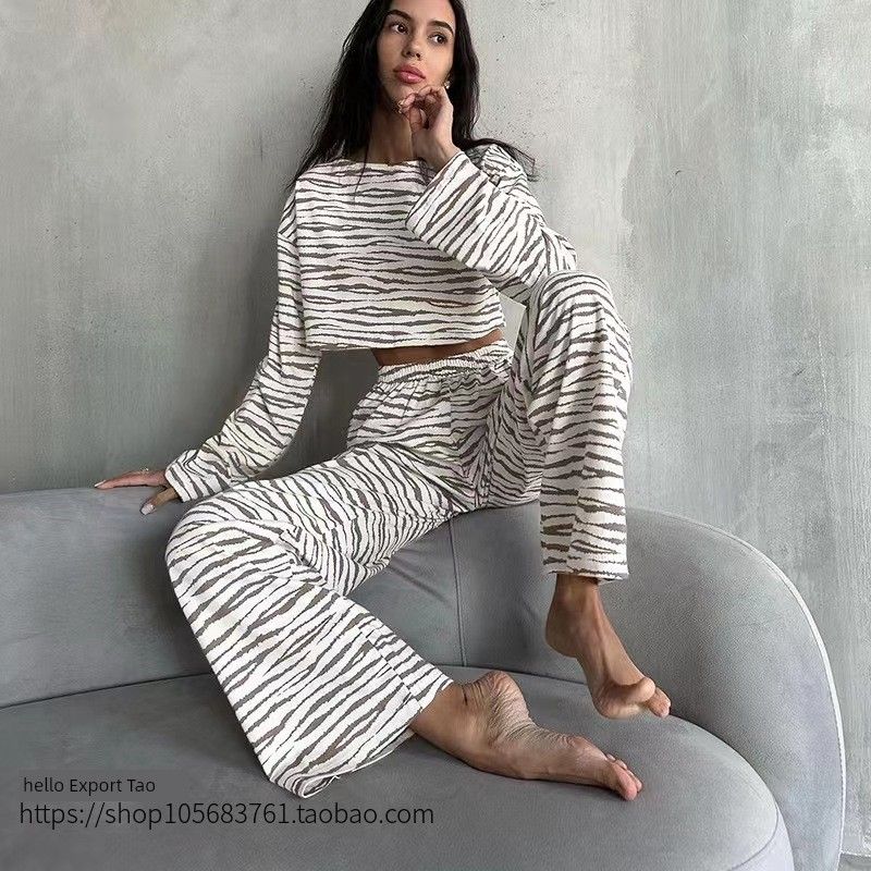 European and American Fashion Print Long Sleeve Top Trousers Set Homewear Printed Top and Pants Set