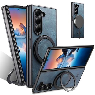 Funda de Cuero Magnética para Carga Inalámbrica Samsung Z Fold 7/6/5 con Soporte de Anillo Giratorio 360°