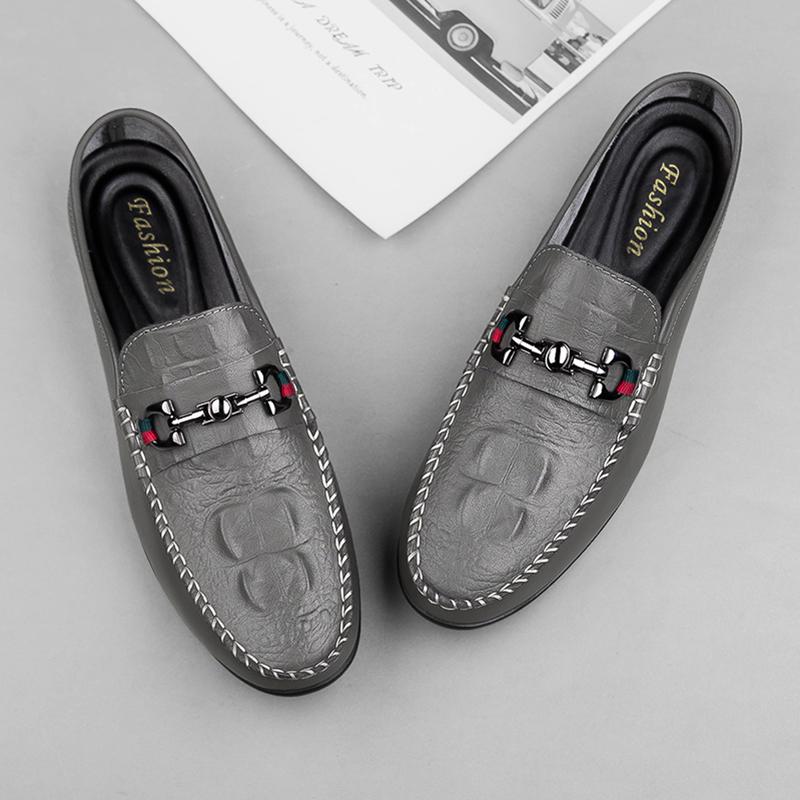 Crocodile Pattern Men's Slippers Genuine Leather Muller Shoes Outdoor Man Loafers Non-slip Casual Half Shoes Fashion Lazy Flats