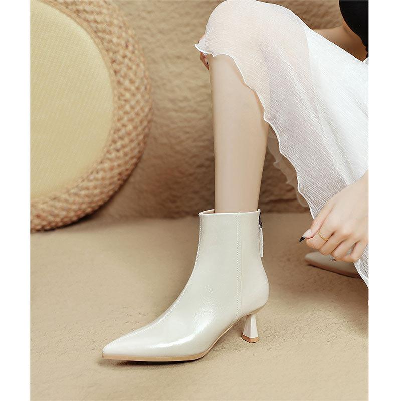Processing Custom Pointed Short Boots Women's Autumn and Winter Women's Boots White High-heeled Boots Women's Thin-heeled Medium Tube French Short Boo