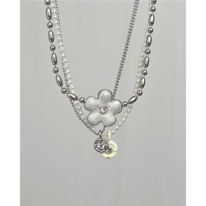 RORY Drip Glaze Flower Layered Beaded Necklace Women Tiny Rice Bead Clavicle Chain