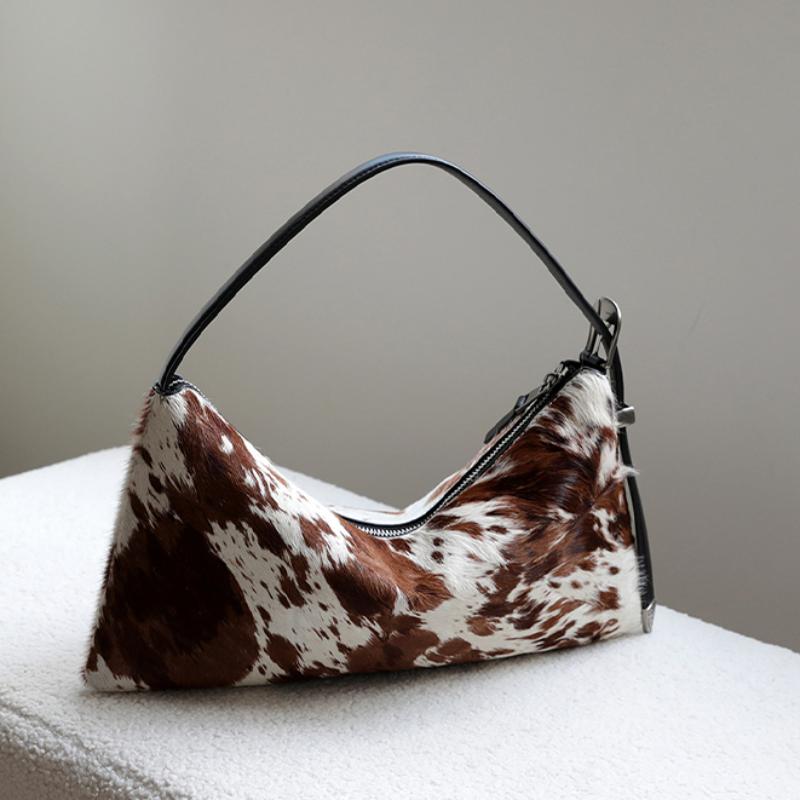 Vintage Leopard Print Underarm Bag Fashion Milk-patterned Horsehair Shoulder Bag Genuine Leather Adjustable Zipper Dumpling Bag