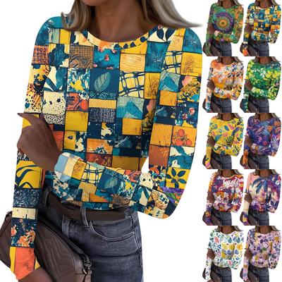 Women's  And Winter Slim Bottom T-shirt Fashion Casual Gradient Printing Round Neck Pullover Long Sleeve Top