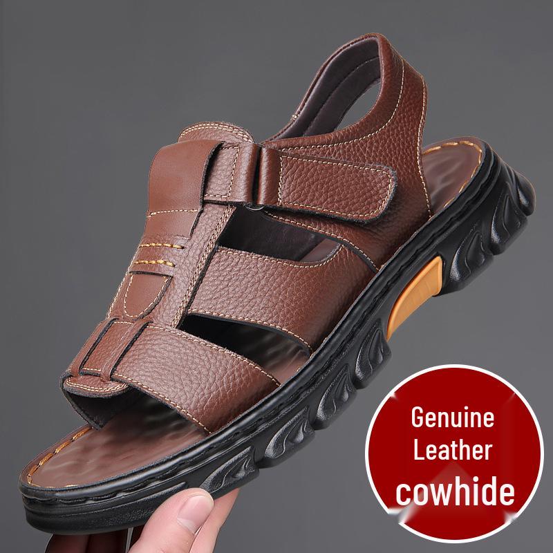 

Мужские летние пляжные сандалии, размеры 36-48, коровья кожа, толстая подошва, застежка на липучке. 41 коричневый