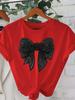 Sparkling Black Bow Print Women T-Shirt Short Sleeve Casual Crew Neck Rhinestone Detail Ideal for All Seasons Women Clothes