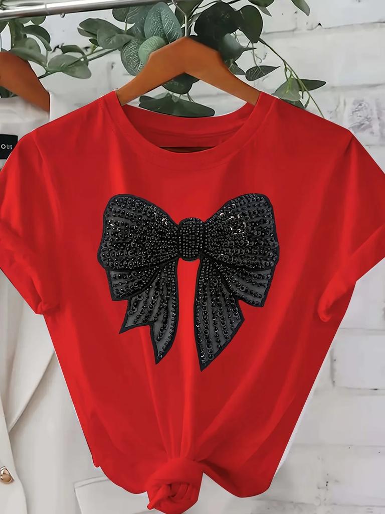 Sparkling Black Bow Print Women T-Shirt Short Sleeve Casual Crew Neck Rhinestone Detail Ideal for All Seasons Women Clothes