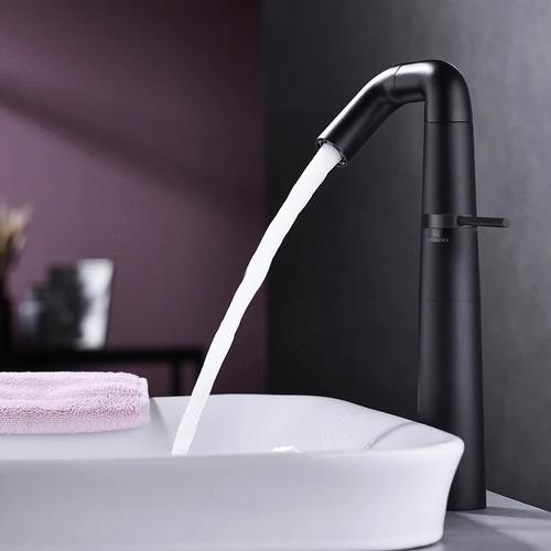 Gold & Black Tall Bathroom Faucet - Rotating Brass Basin Mixer, Hot/Cold Water Tap