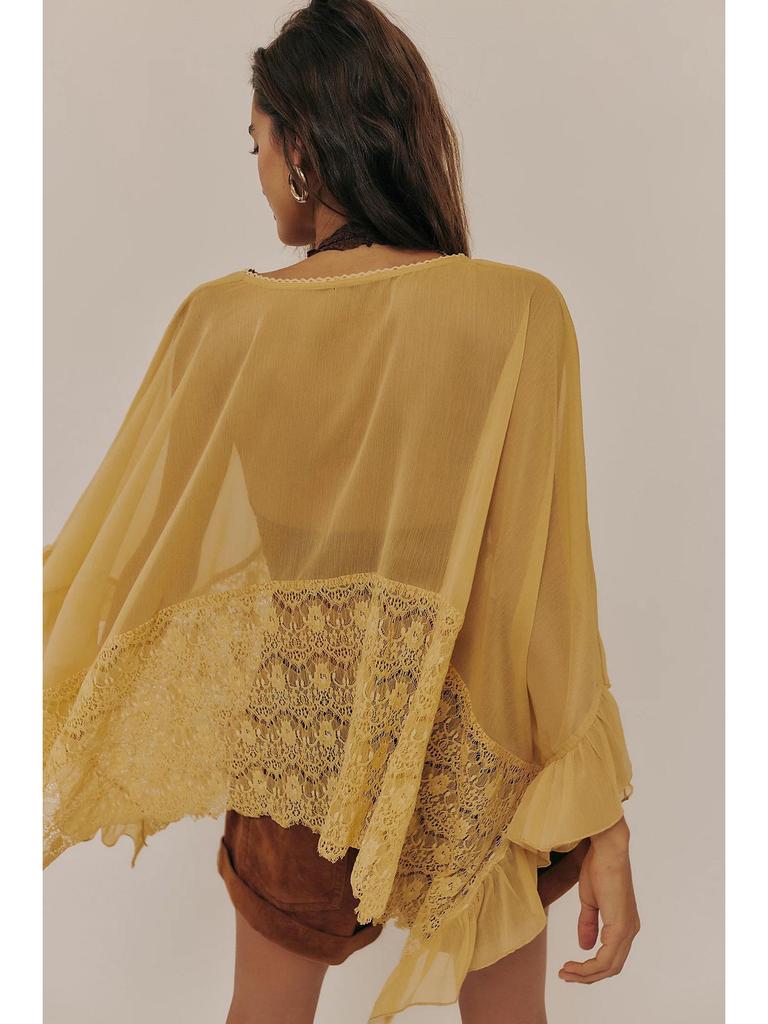 Women's Batwing Sleeve Mesh Cover-up: Spring/Summer Loose Beach Top with Lace Patchwork and Sun Protection.