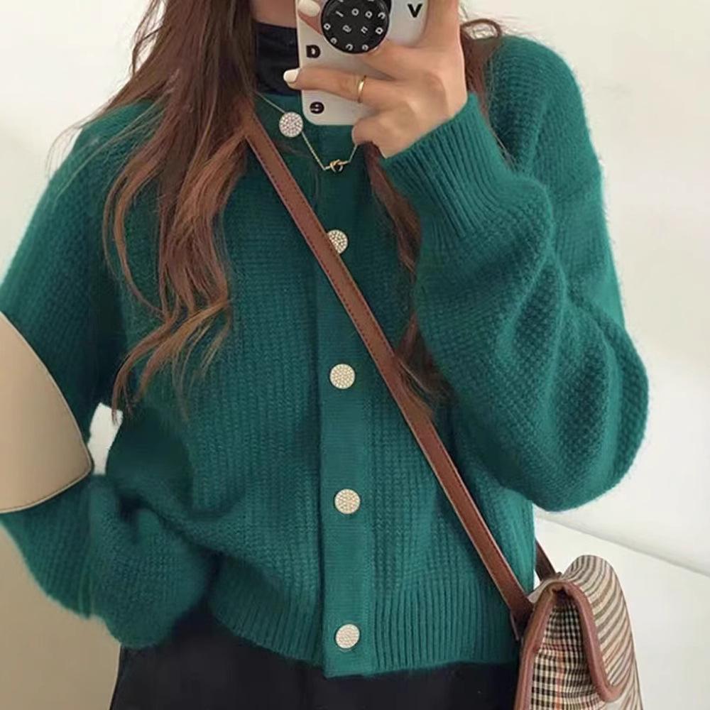 European 100% Pure Wool Knitted Cardigan: Women's Round Neck, Autumn/Winter, High-End Loose Fit Sweater Coat