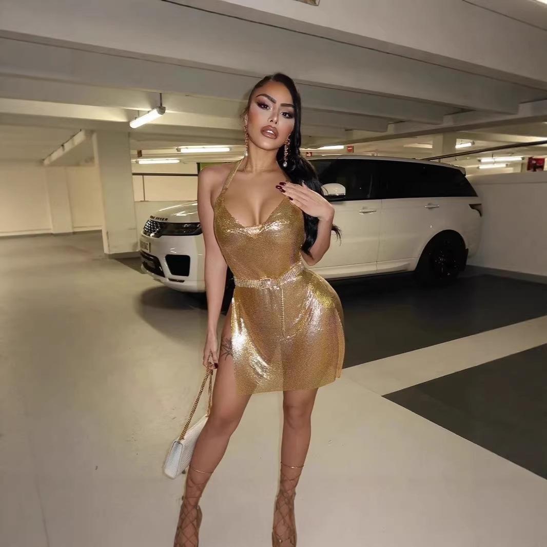 European and American style female nightclub sexy V-neck suspender backless metal suspender dress S золотой