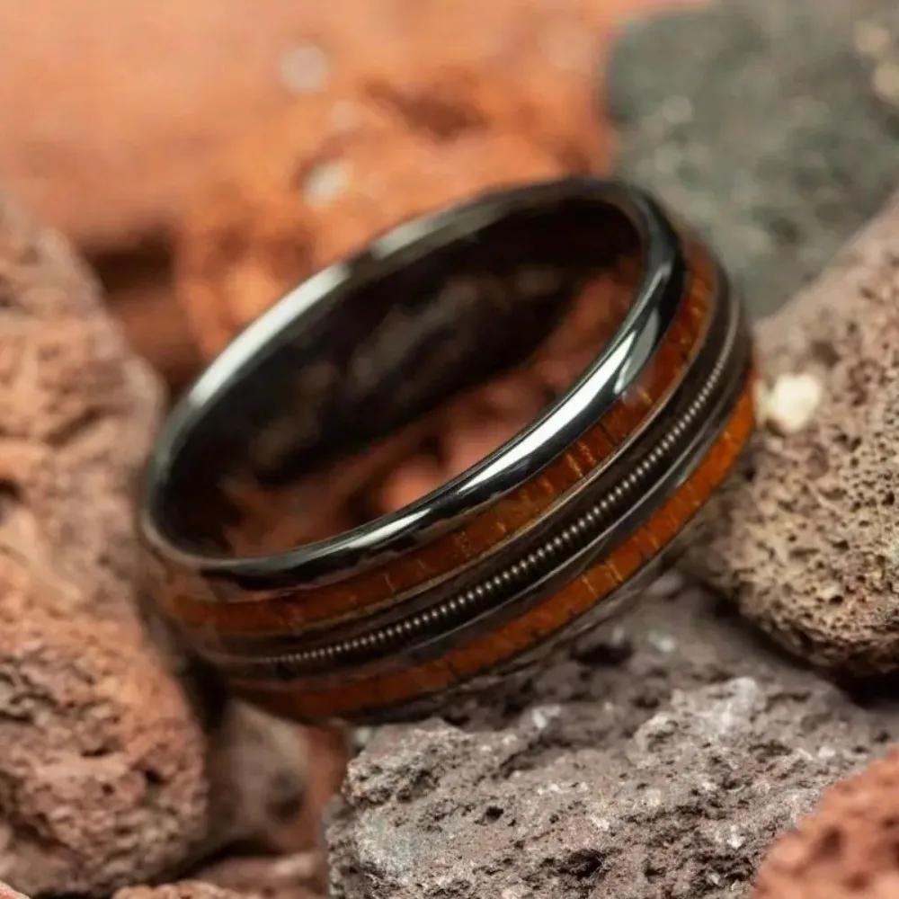 

Rose Golden Ring, Inlaid Whiskey Barrel Wooden Grain Guitar String Men s Tungsten Steel Ring 11