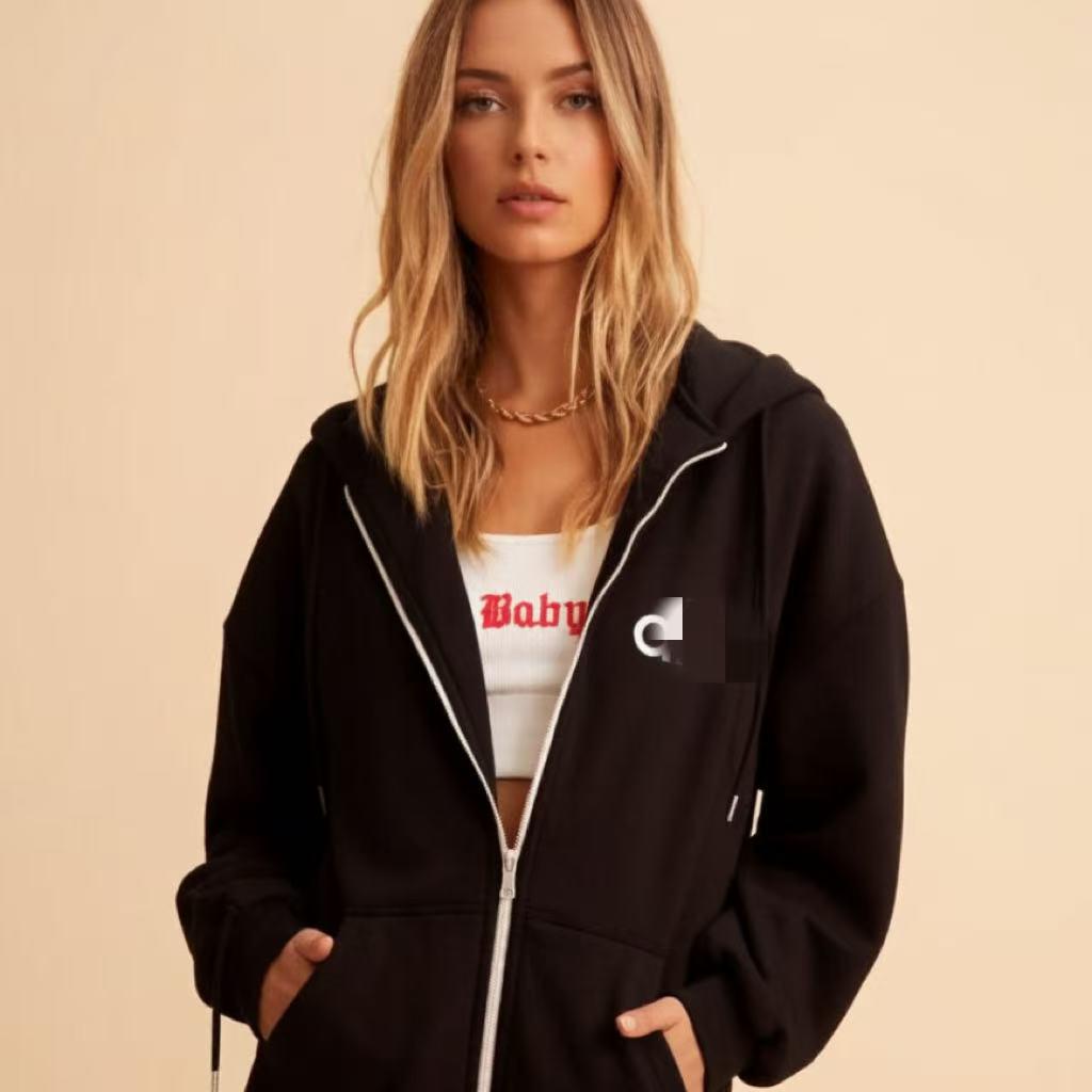 Cross-border Embroidered Zipper Hoodie with Drop Shoulder and Kangaroo Pocket