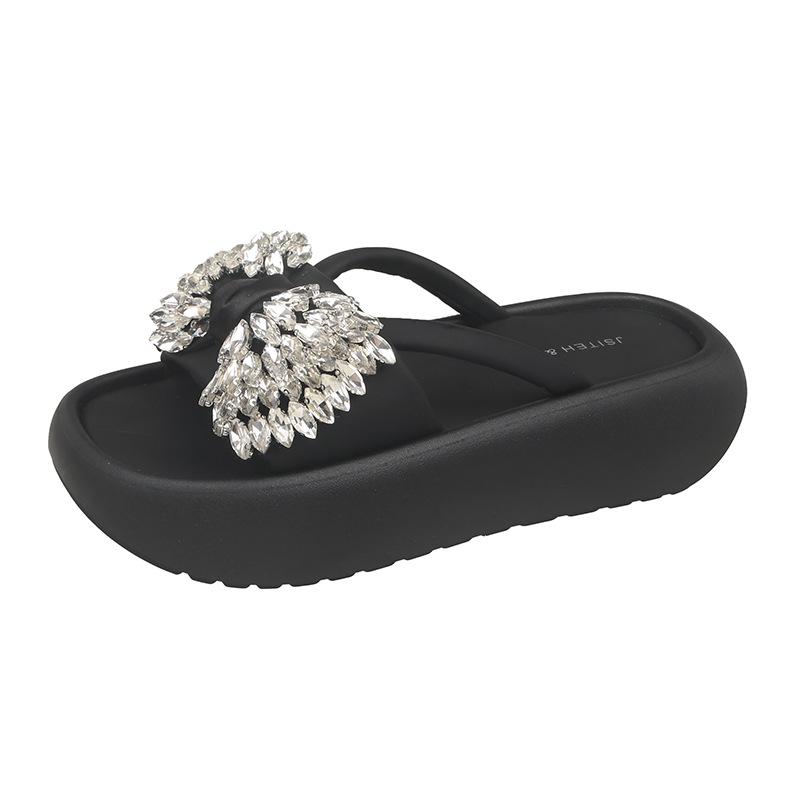 Rhinestone bow slippers outer wear 2025 new summer fashion Rome versatile thick bottom height increase casual slippers women