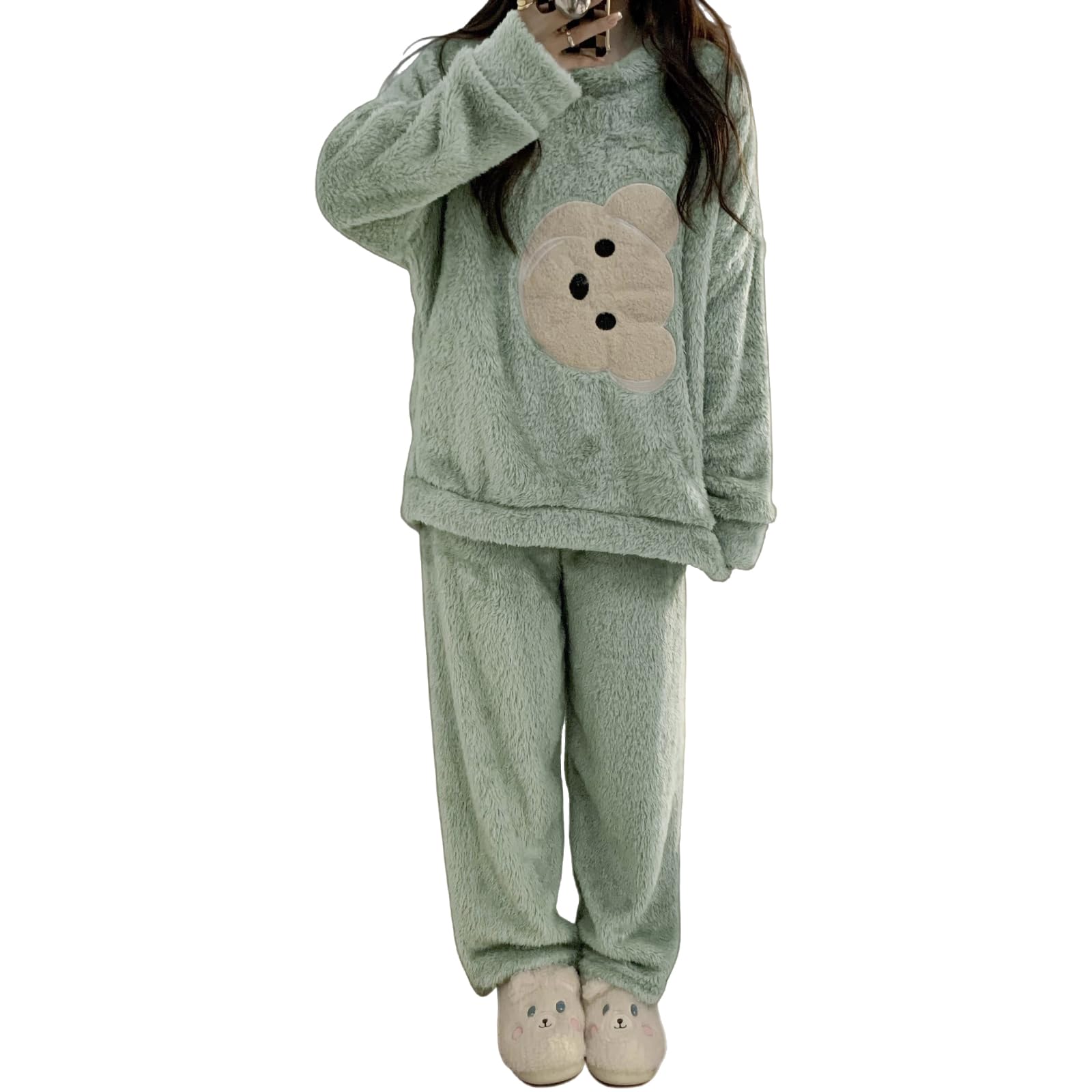 

Tiernyueth Women s Fluffy Loungewear Set, Long Sleeves, Round Neck, Tapered Pants, Pullover Top, Warm Fleece-Lined, Double-Brushed, 2-Piece Set, Soft