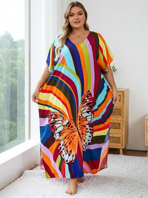 Vibrant Color Women's Kaftan Striped Butterfly Printed Robe Homewear Loose Short Sleeved Long Dress Summer Wear Cover Up Q1546