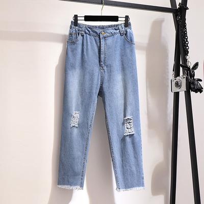 Plus Size Women's 2020 Summer New Holed Raw Loose Loose Straight Harem Jeans