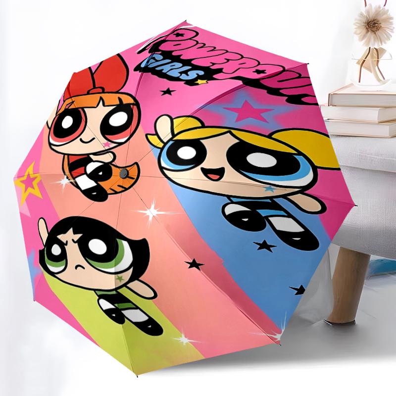 The Powerpuff Girls1 Print Automatic Umbrella, 8 Rib Iron Frame, Plastic Handle, Suitable for Outdoor Travel &Daily , Ideal Gift