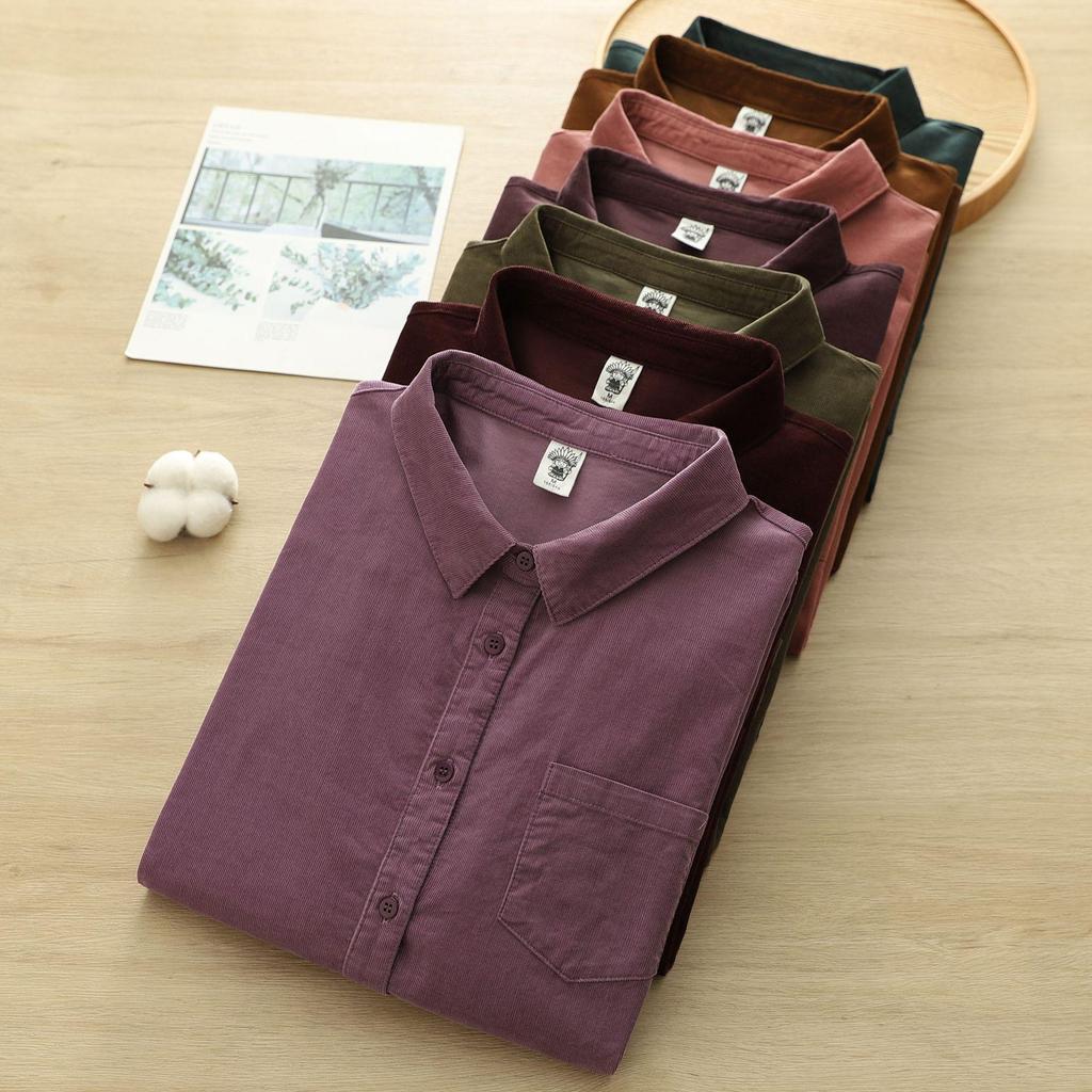 Pure Cotton Corduroy Women's Long Sleeve Shirt - Artistic Casual Style for Spring & Autumn (8372)