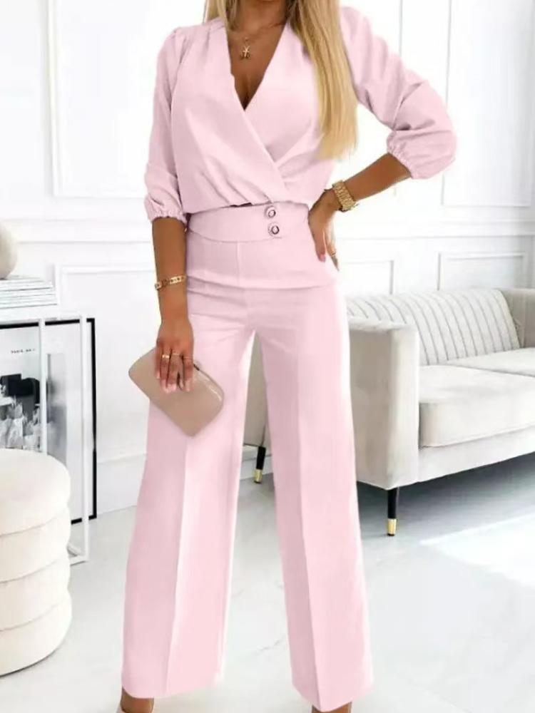 

Women s V-Neck Button Front Blouse with Wide Leg Pants Set in Rose Pink XXXL рожевий