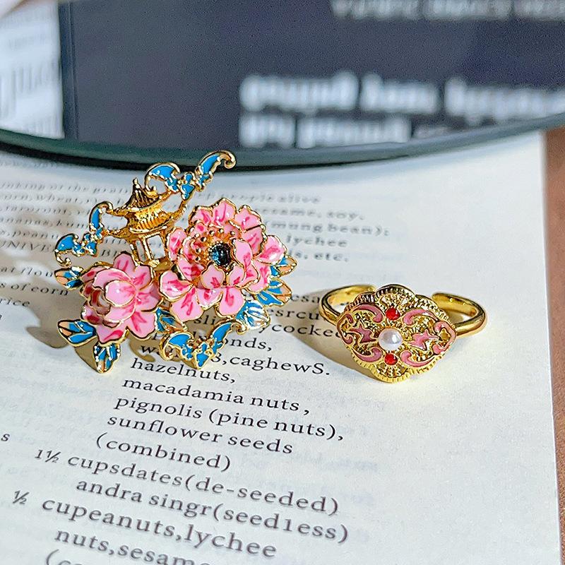 Medieval Vintage Stackable Ring Oriental Aesthetics Pavilion Peony Enamel Open‑Adjustable Niche New Chinese Style Fashion Jewelry