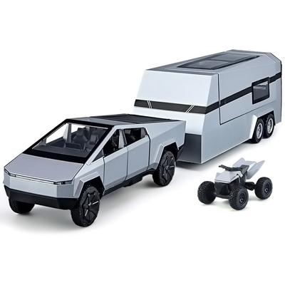 Escala 1/32 Tesla Cybertruck Caminhonete Trailer Trailer de Viagem Liga Metálica Brinquedos Modelo de Carro Fundição Veículo Off-road Presente para Meninos Coleção de Crianças