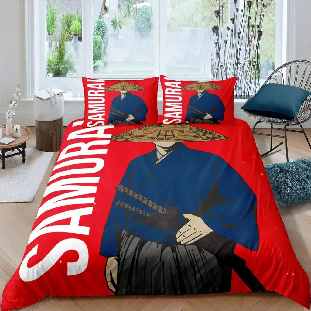 Conjunto de cama de samurai japonês KingQueenFull Size Japão pôr do sol paisagem edifício silhueta poliéster capa de edredom masculino preto vermelho
