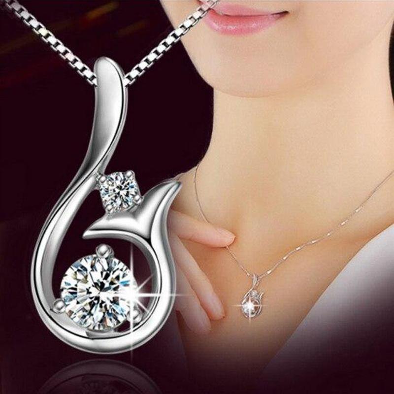 Silver Plated Double CZ Teardrop Pendant Necklace, Abstract Leaf Design Box Chain Necklace for Women