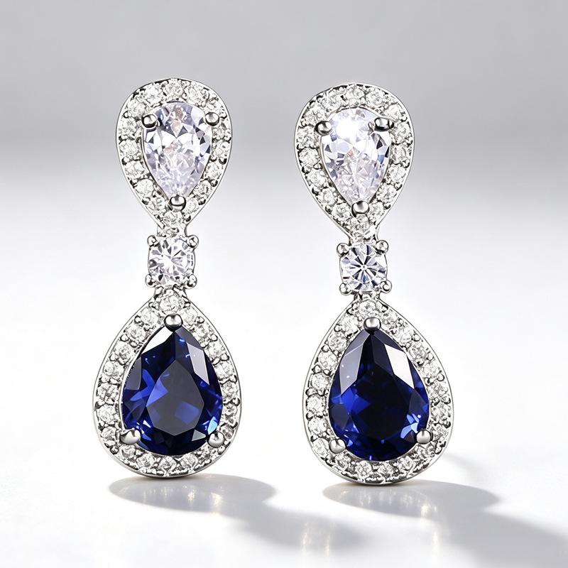 Versatile new women, sapphire blue water drop bridal dinner earrings, European and American simple temperament elegant jewelry