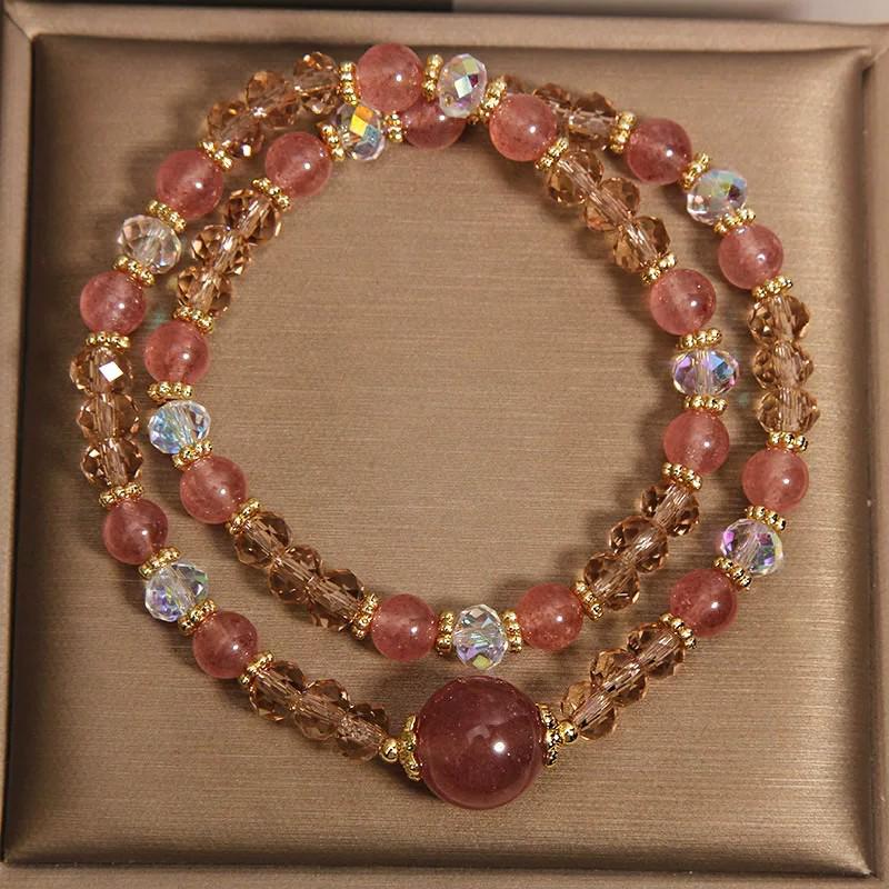 Women's Exquisite Light Luxury Strawberry Quartz Double Circle Bracelet – Attract Romance, Perfect Gift for Best Friend