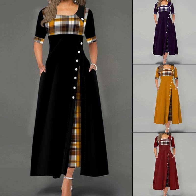 Casual Women Irregular Plaids Button Maxi Dress Half Sleeve Plus Dress Size