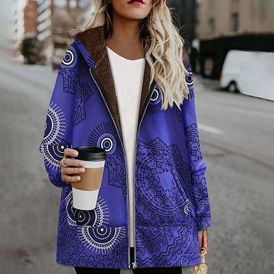Women Retro Printed Pockets Casual Zipper Hooded Outwear Winter Warm Thicker Loose Coat