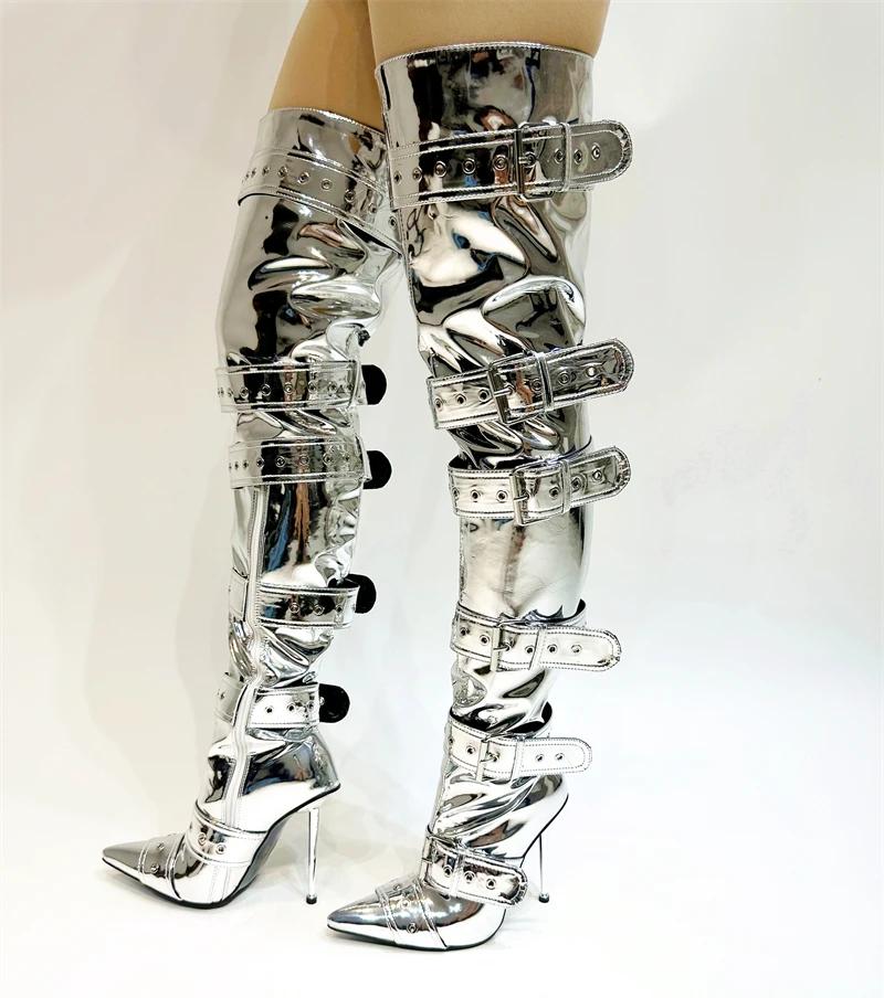 Fashion New Women Denim Metal Rivet Buckle Sandals Women Sexy Punk Style Pointed Hollow Metal 11cm High Heel Knee High Boots Size34-43