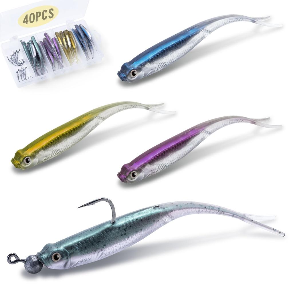 Goture Drop Shot Minnow Soft Lure for Saltwater and Freshwater 4 with 1g Hooks Pack of 40 Fishing, 1.8g Worm, 7cm/2.75in, Colors, Mid-Sea (10 Hooks),