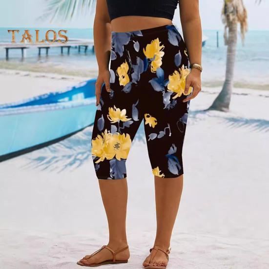 Women Cropped Pants Elastic High Waist Digital Flower Print Mid-calf Length Pants Tight Fit Cropped Trousers